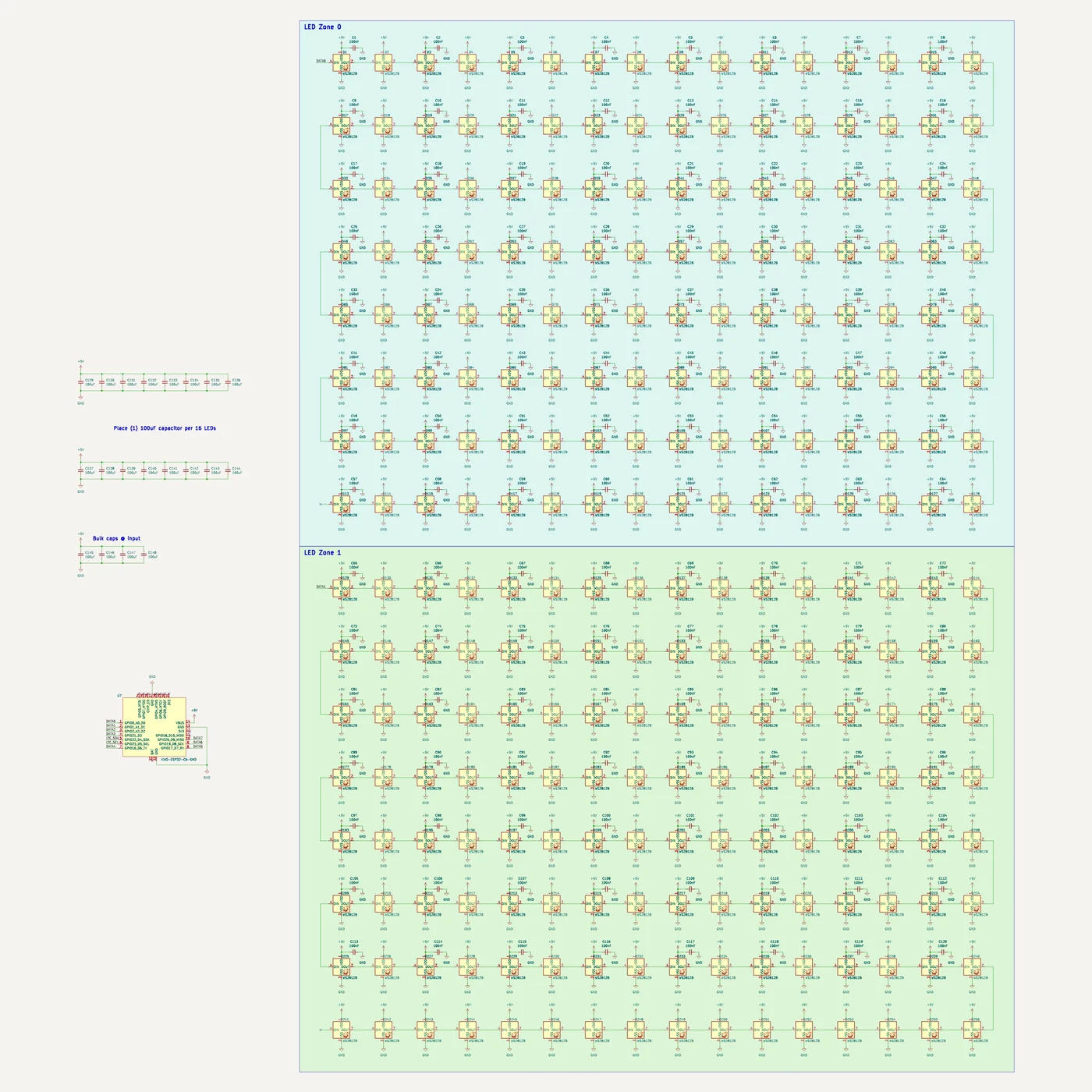 The full schematic: the XIAO and bulk capacitors on the left, two zones of 128 LEDs on the right