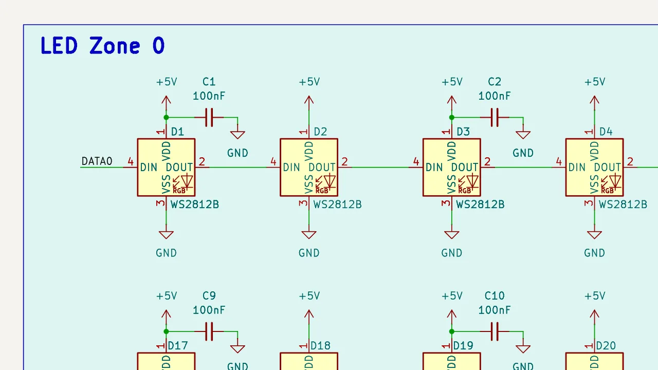 Close-up of a schematic: a chain of WS2812B LEDs with decoupling capacitors